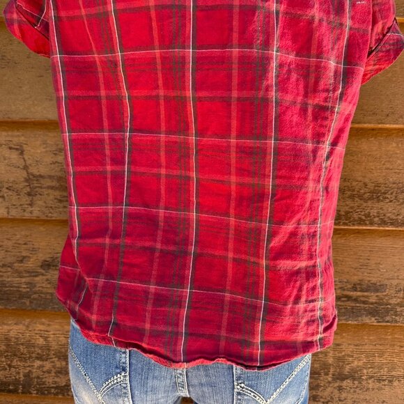 St. Johns Bay Red Plaid Short Sleeve Button-Up Womens Shirt Size L Cotton Casual - Picture 7 of 8